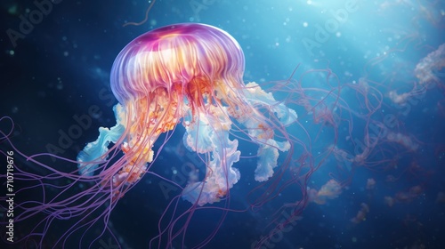  a close up of a jellyfish in a body of water with a light shining on it's head.