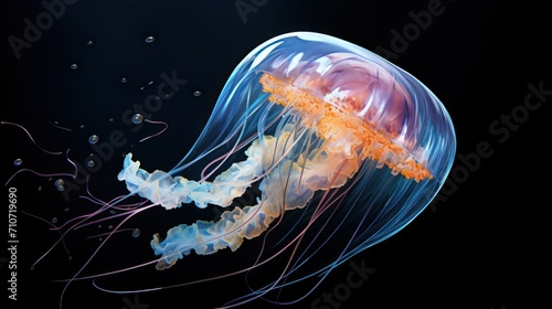  a close up of a jellyfish in the water with its head turned to look like it is floating in the air.