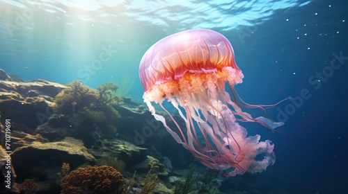  a jellyfish swims in the water near the rocks and corals on the bottom of the ocean floor. © Anna