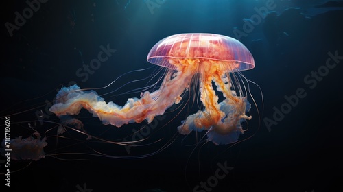  a close up of a jellyfish in the water with a light shining on the top of it's head. © Anna