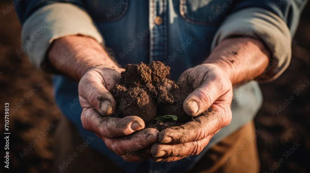 Close-up of an elderly person's hands cupped together, holding a clump of soil