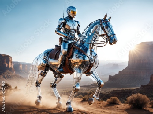 A man riding a horse, portrait of a futuristic robot © AI Image