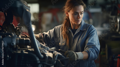 Female car mechanic working on car advertisment professional portrait photo