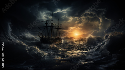 Ship lost at sea sailing during a scary storm and stormy waters