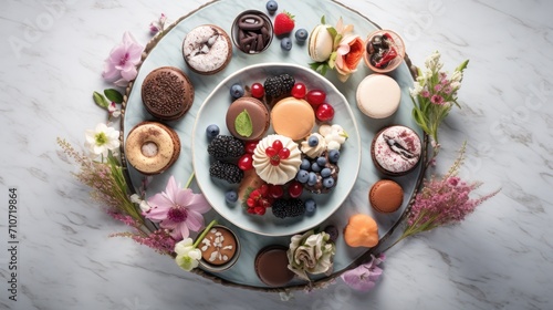  a white plate topped with lots of different types of cakes and doughnuts on top of a marble table.