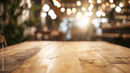 empty wooden table top and blur of room on a blur bright cafe decoration background. AI Generative photo