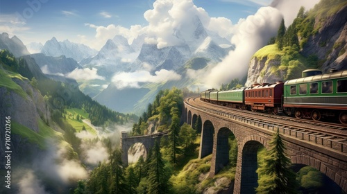  a painting of a train going over a bridge in a mountainous area with a mountain range in the background and clouds in the sky. photo
