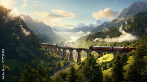  a painting of a train going over a bridge over a river in a valley with trees and mountains in the background.