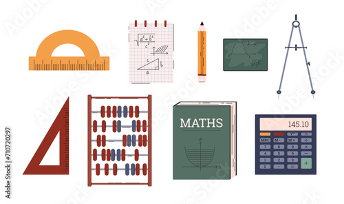 Geometric and mathematic subjects isolated set, students education tools compass, protractor, calculator abacus