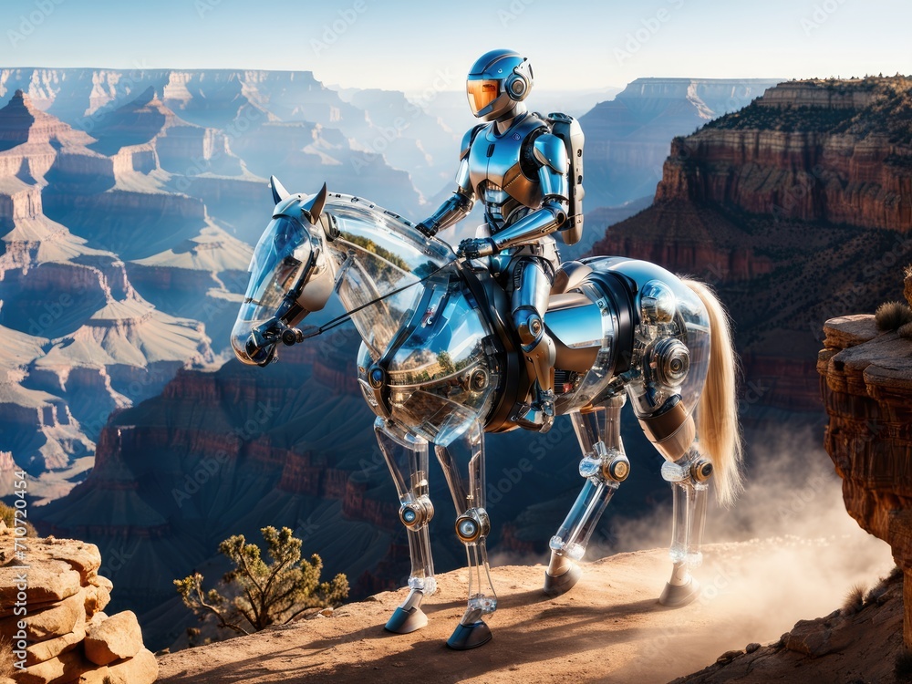 Naklejka premium A man riding a horse, portrait of a futuristic robot