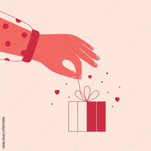 Female hand opens gift surrounded by flying hearts. Woman arm untying red ribbon bow on surprise box. Girl unpacking present on Valentines Day. Minimalism simple style. Vector illustration