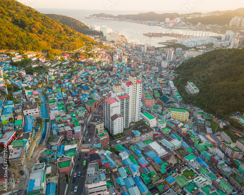 Aerial view of Gamcheon Culture Village at sunset, Busan, South Korea. photo