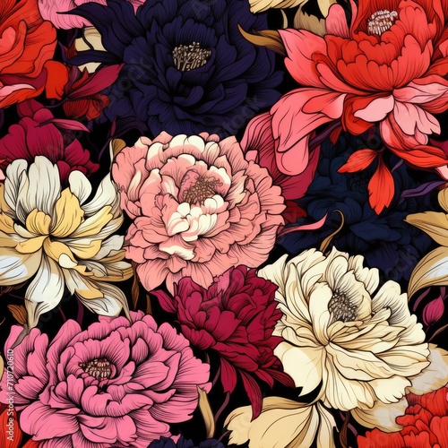 Vibrant Floral Seamless Pattern with Chrysanthemums and Dahlias
