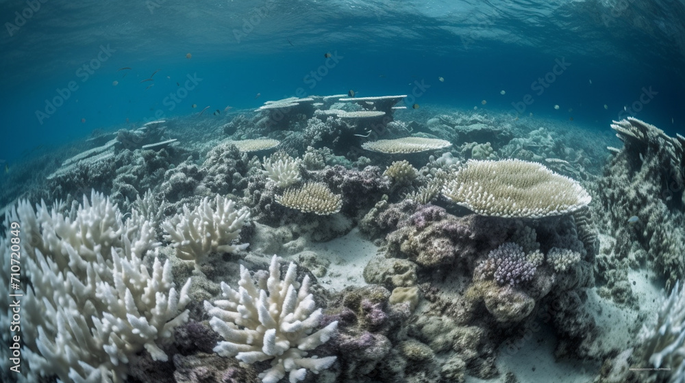 Reef scape during a massive coral bleaching event caused by global warming and el nino Reef scape during a massive coral bleaching event caused by global warming and el nino