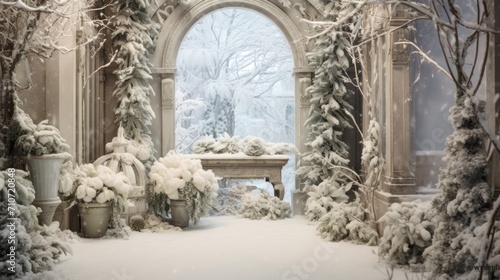  a winter scene with snow covered trees and a bench in front of an arched window with a view of a snowy landscape.