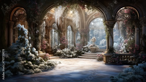  a painting of a woman sitting on a bench in a garden with flowers and a fountain in the middle of the room.