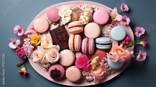  a pink plate topped with macaroons and a chocolate bar surrounded by pink and white flowers and a blue background.