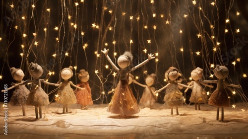  a group of little figurines standing next to each other in front of a string of lights and streamers.