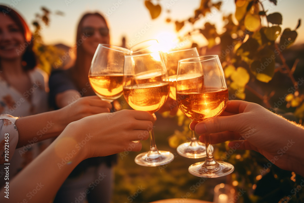 Group of friends toasting wine in outdoor party. Friends hanging out in summer Group of friends toasting wine in outdoor party. Friends hanging out in summer