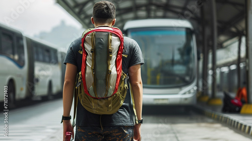 tourist men wearing a tourist backpack on his back, was at the bus terminal. AI Generative