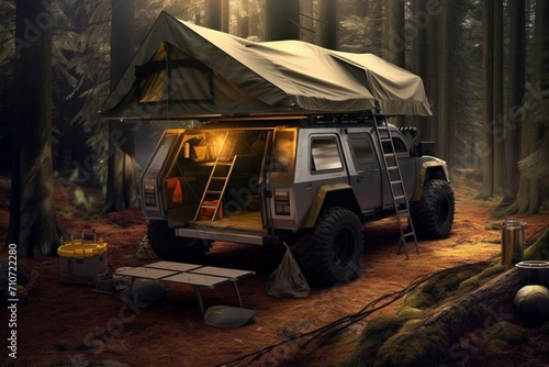 Outdoor lifestyle vehicle for nomadic camping in forest parking. Generative AI