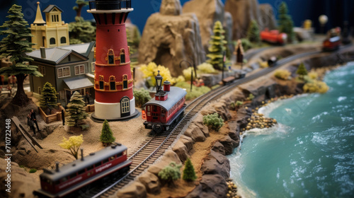  a model train set with a lighthouse and a train on the tracks next to a body of water and trees.