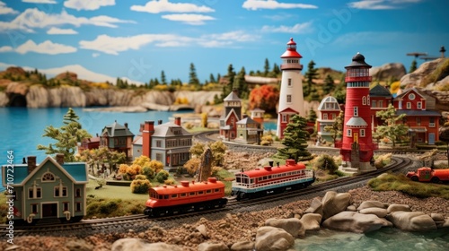  a model of a town with a train on the tracks and a lighthouse on the other side of the model.
