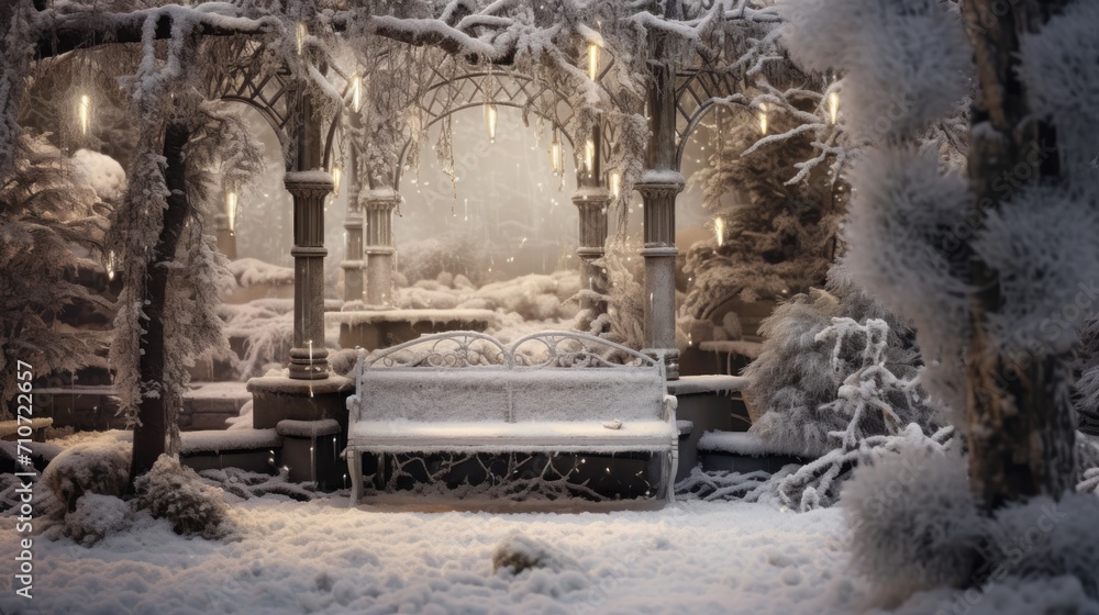 a park bench covered in snow next to a forest filled with lots of trees and benches covered in white snow. a park bench covered in snow next to a forest filled with lots of trees and benches covered in white snow.
