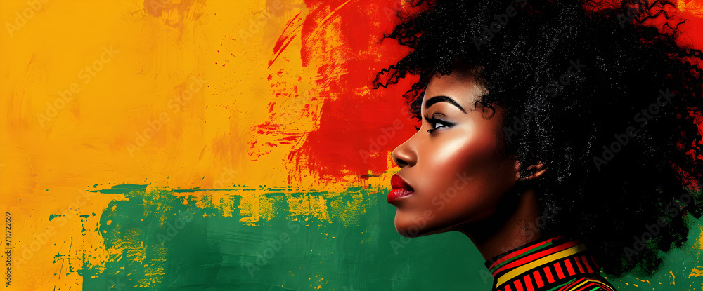 A profile of an African-American woman against a vibrant red, yellow, green, and black background, symbolizing Black History Month, Juneteenth, and the fight for racial equality. - obrazy, fototapety, plakaty 