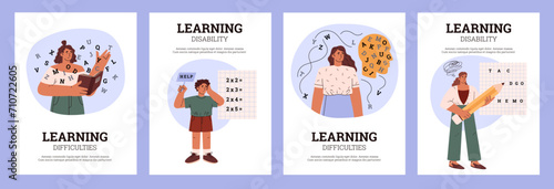 Learning difficulties and learning disability banners vector illustrations set.
