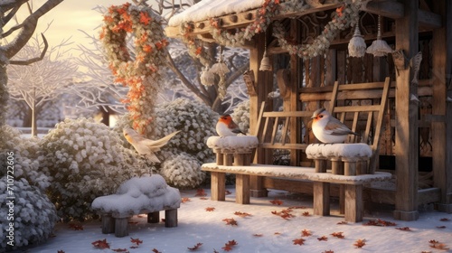  a couple of birds sitting on top of a wooden bench in the middle of a snow covered park next to a tree.