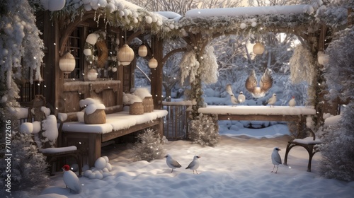  a snowy winter scene with a bench and two birds in the foreground and a birdhouse in the background.