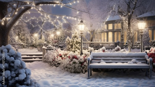  a park bench covered in snow in front of a building with christmas lights on the trees and lights on the street.