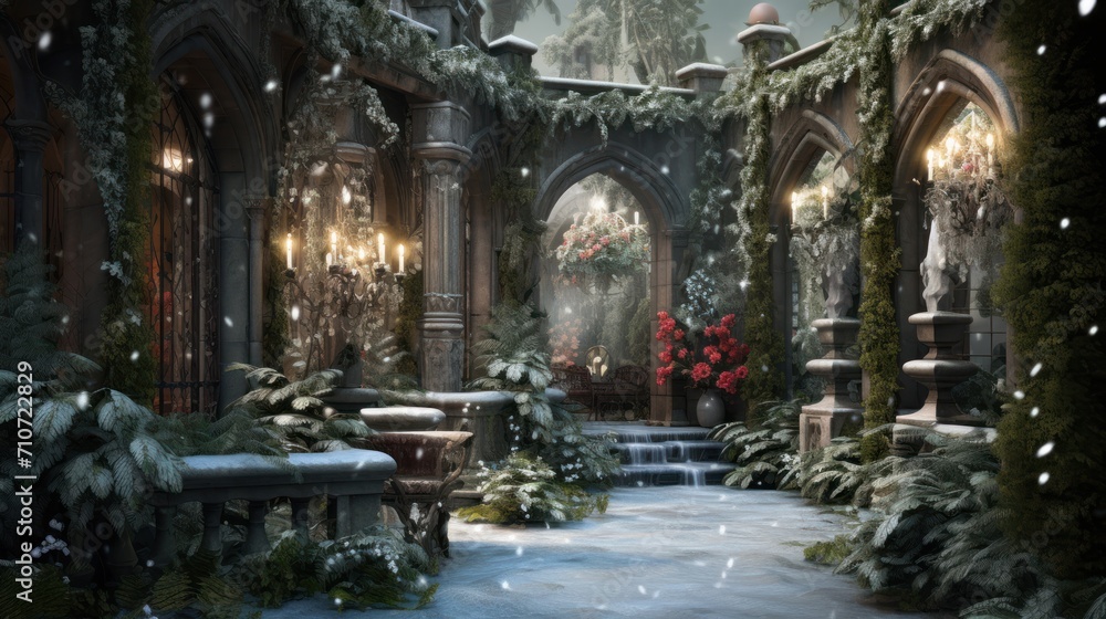 a painting of a winter scene with snow falling on the ground and a bench in the middle of the room. a painting of a winter scene with snow falling on the ground and a bench in the middle of the room.