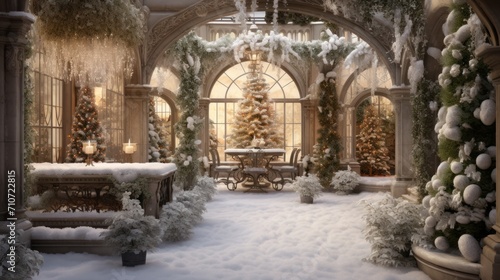  a room decorated for christmas with a christmas tree in the center of the room and a table in the middle of the room.