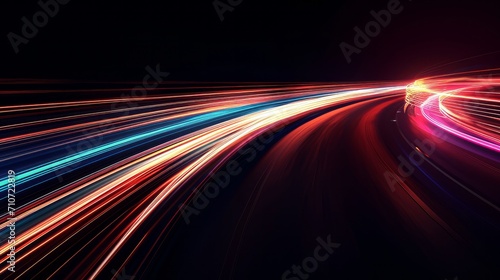 Abstract high speed light trails on dark background. Futuristic template for banner, presentations, flyers, posters. 