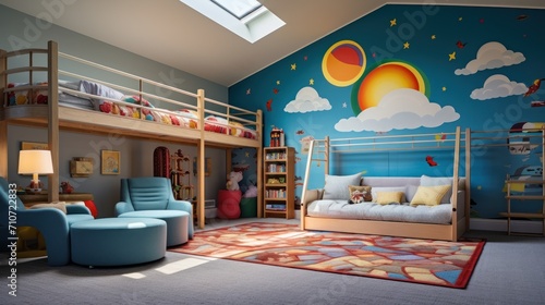  a child's bedroom with a bunk bed, a chair, a rug, and a rug on the floor.