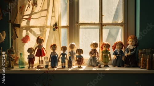  a group of dolls sitting on top of a window sill in front of a window sill with a curtain. © Anna