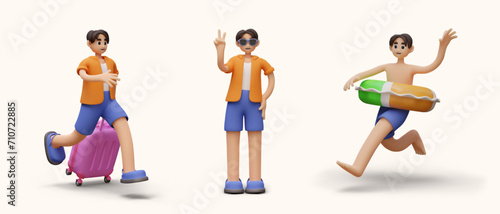 3D set of vector vacationer in different situations. Boy rushes with suitcase, man shows victory gesture, male character runs to water with inflatable circle