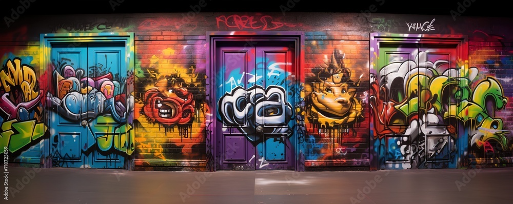 graffiti wall abstract background with abstract monster face and grungy script letters, Generative Ai not real photo, idea for artistic pop art background backdrop	
