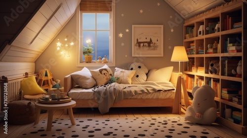  a small child's bedroom with a bed, bookshelf, and a teddy bear on the floor.