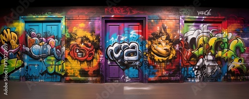 graffiti wall abstract background with abstract monster face and grungy script letters, Generative Ai not real photo, idea for artistic pop art background backdrop	
 photo