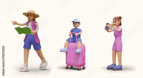 Set of tourists in cartoon style. Woman with map, boy with suitcase, girl with camera. 3D characters in action. Templates for skits, advertising illustrations
