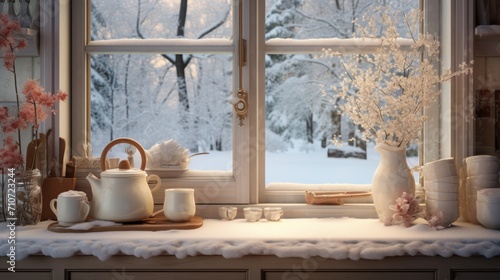  a window sill with a tea pot, tea kettle and cups on it in front of a snowy landscape. © Anna