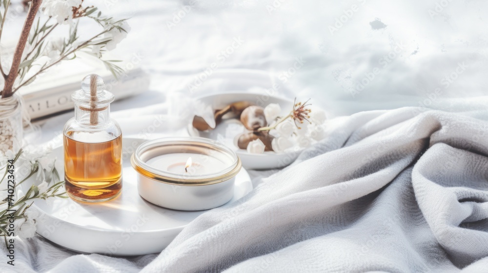 a couple of bottles of oil sitting on top of a white table cloth next to a bowl of nuts and a candle. a couple of bottles of oil sitting on top of a white table cloth next to a bowl of nuts and a candle.