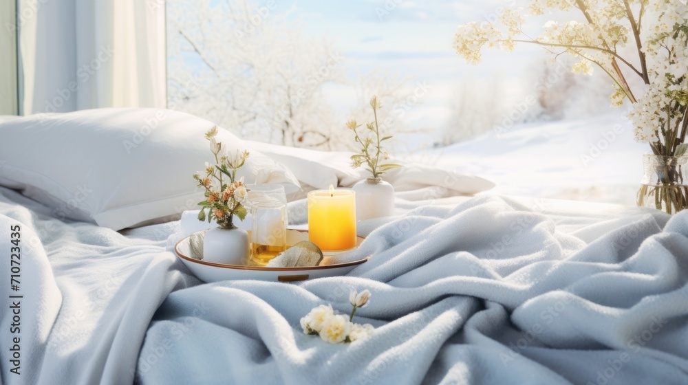 a tray with two candles sitting on top of a bed covered in white sheets and a blanket with a snowy landscape in the background. a tray with two candles sitting on top of a bed covered in white sheets and a blanket with a snowy landscape in the background.