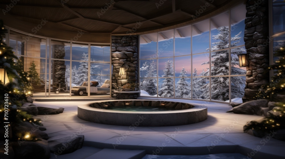  a room decorated for christmas with a hot tub in the middle of the room and christmas trees outside the window.