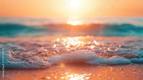 Blur tropical sunset beach with bokeh sun light wave abstract background. Copy space of outdoor summer vacation and travel adventure concept. 