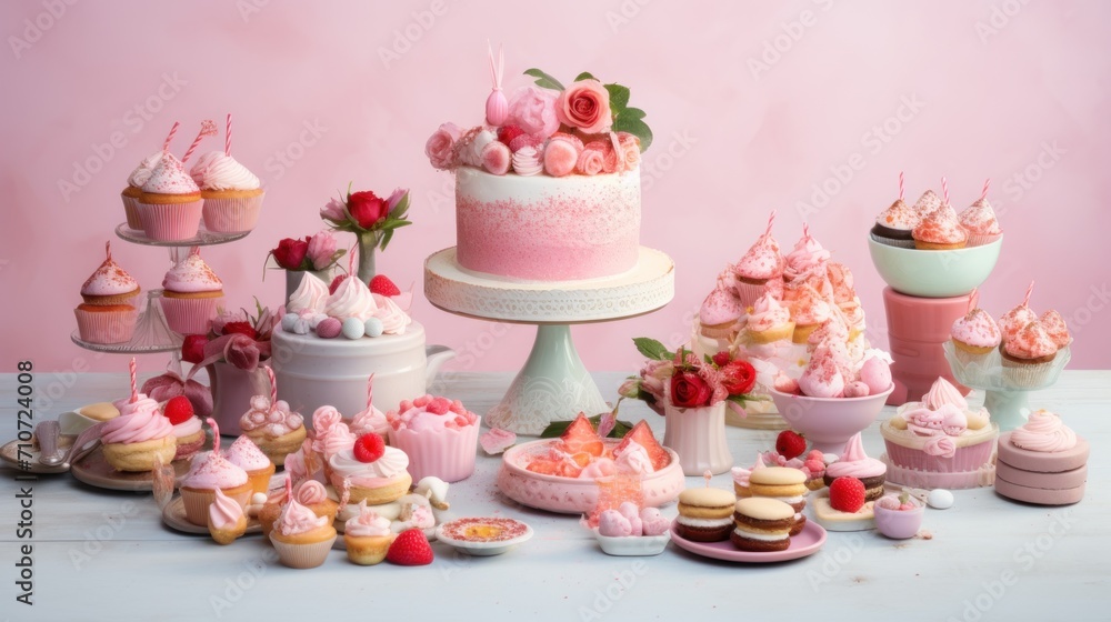a table topped with cakes and cupcakes on top of a white tablecloth covered in pink frosting. a table topped with cakes and cupcakes on top of a white tablecloth covered in pink frosting.
