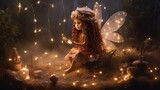  a fairy sitting on top of a pile of dirt next to a forest filled with fairy lights and fairy figurines.
